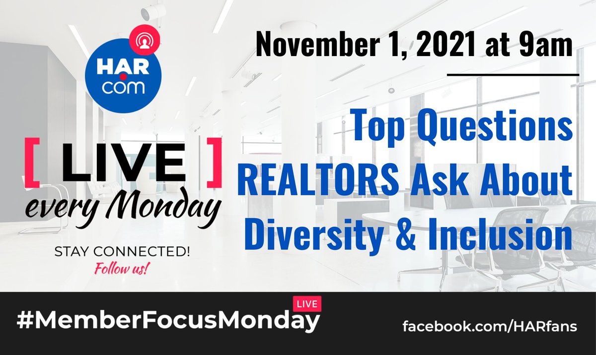 HARMembers's tweet photo. This week, HAR Diversity &amp; Inclusion Consultant, Tracy Brown, will answer the top questions REALTORS® have about Diversity &amp; Inclusion. Tune in to get your questions answered! https://t.co/gLGKzh7lkW #MemberFocusMonday https://t.co/UP8vdtm7X8