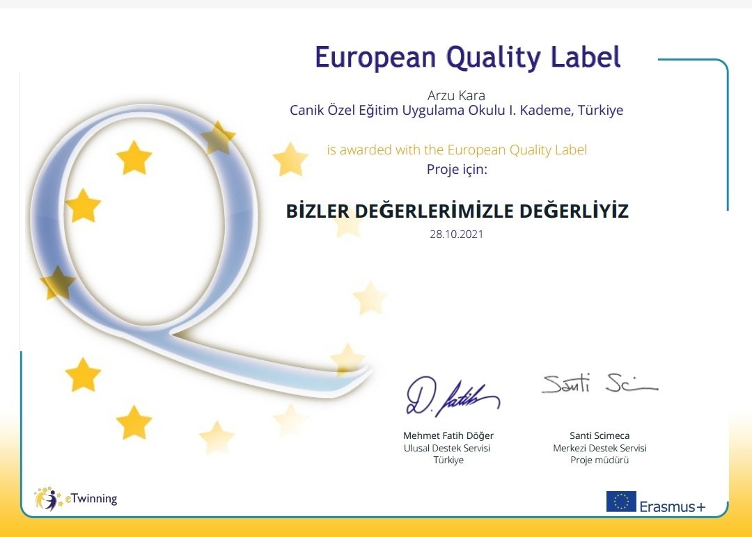 Okulumuz öğretmeni Arzu KARA' nın hazırladığı ve onbir farklı okul ile birlikte yürüttüğü"Bizler Değerlerimizle Değerliyiz"e twinning projemiz Avrupa Kalite Etiketi almaya hak kazanmıştır.Öğretmenimiz Arzu KARA yi tebrik eder,emekleri için teşekkür ederiz👏