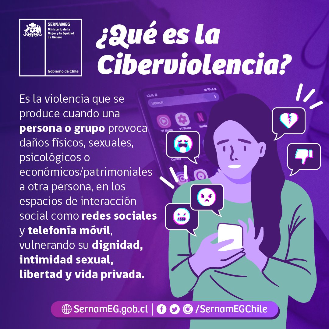 SernamEG_Valpo's tweet photo. ⚠Las mujeres son quienes están más en riesgo de ser víctimas de ciberviolencia ¡No permitas ningún tipo de agresión a través de redes sociales, chats o correos electrónicos!🚫

➡Si estás en riesgo o conoces a alguien que lo esté, denuncia en la PDI #NoEstásSola https://t.co/eWue3PpNtl