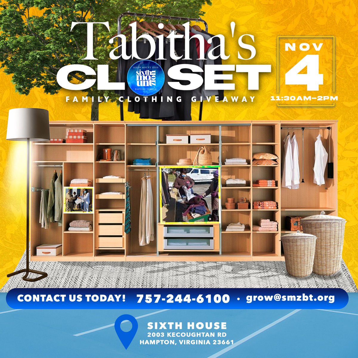 Tabitha’s Closet returns NOV. 4!
Located at Sixth House 11:30a-2p
👔🧥👚👟 Contact Us Today
#smzbtcares #tabithascloset #clothinggiveaway #blessingva #smzbt #sixthhouse