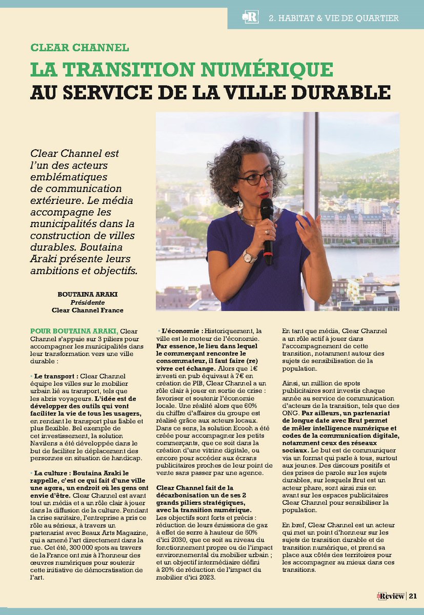 📰 Retour sur l'intervention de <a href="/BoutainaAraki/">Boutaina Araki</a> au <a href="/hubsustain/">#HUBsustain by @hubinstitute</a>
Découvrez les 3 piliers de Clear Channel pour accompagner les municipalités dans leur transformation vers une ville plus durable : transport, culture &amp; économie. 🚌🖌️💶
#OOH #DOOH #centreville 

Pour lire l'article 👇