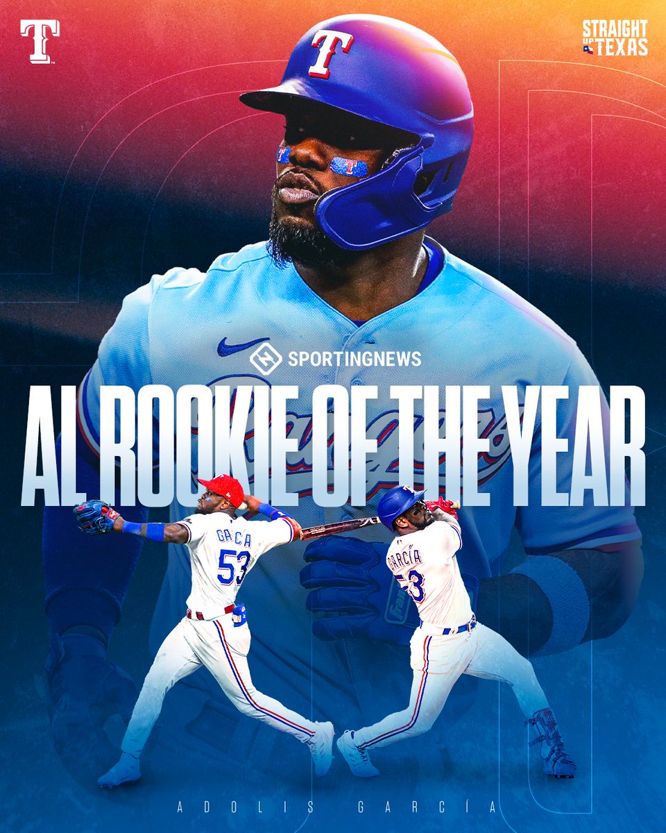 Rangers's tweet photo. Your 2021 @sportingnews AL Rookie of the Year, @AdolisJose! https://t.co/jk1tBdfvYh