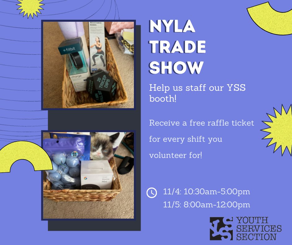 YSSNYLA's tweet photo. If you are joining us at the NYLA Conference, stop by the YSS Booth during the Trade Show. We will be there (11/4) from 10:30am-5:00pm, and (11/5) from 8:00am-12:00pm. We could still use a little help staffing our booth!
Sign up using the link below, https://t.co/s2G9b0btU0 https://t.co/NmtlQbGq1a