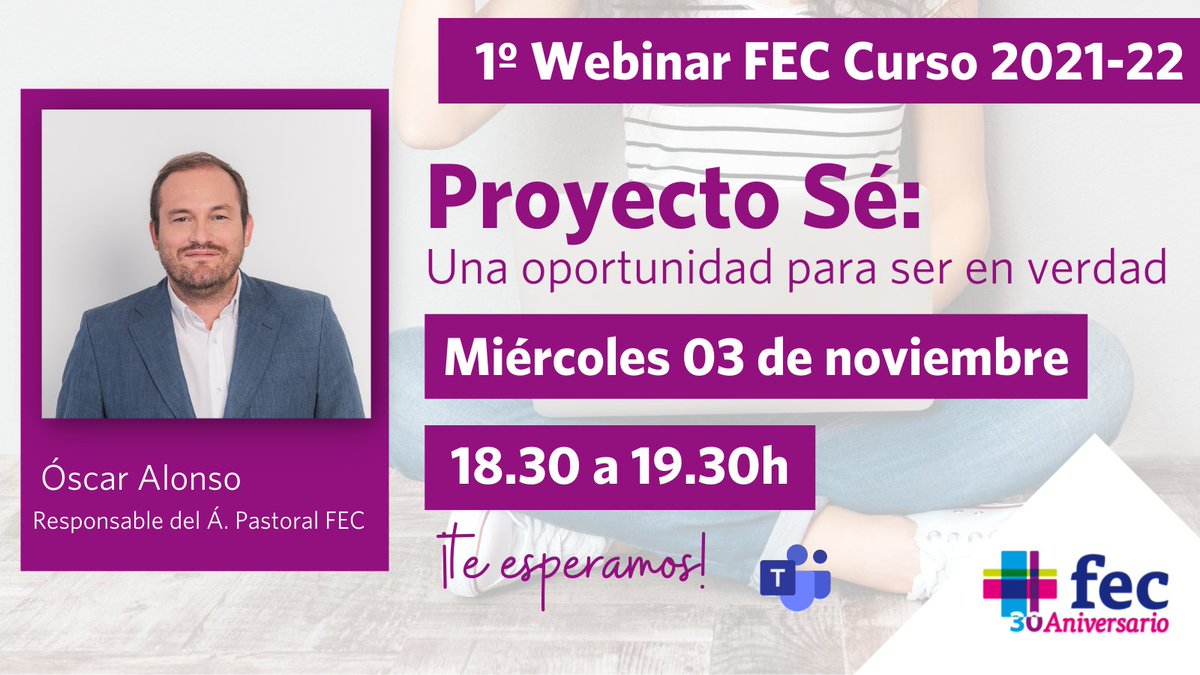 colegiosfec's tweet photo. 👉👩💻Este curso repetimos la magnífica experiencia que tuvimos el curso pasado. ¡Vuelven los #WebinarFEC! La primera cita -que es de carácter interno- la protagoniza @OscarAlonsoPeno
Todos los educadores FEC están convocados.
📅⏰03/11 a las 18.30h
⬇️
https://t.co/5iHFGAIhoN https://t.co/bmdKAy4gdm