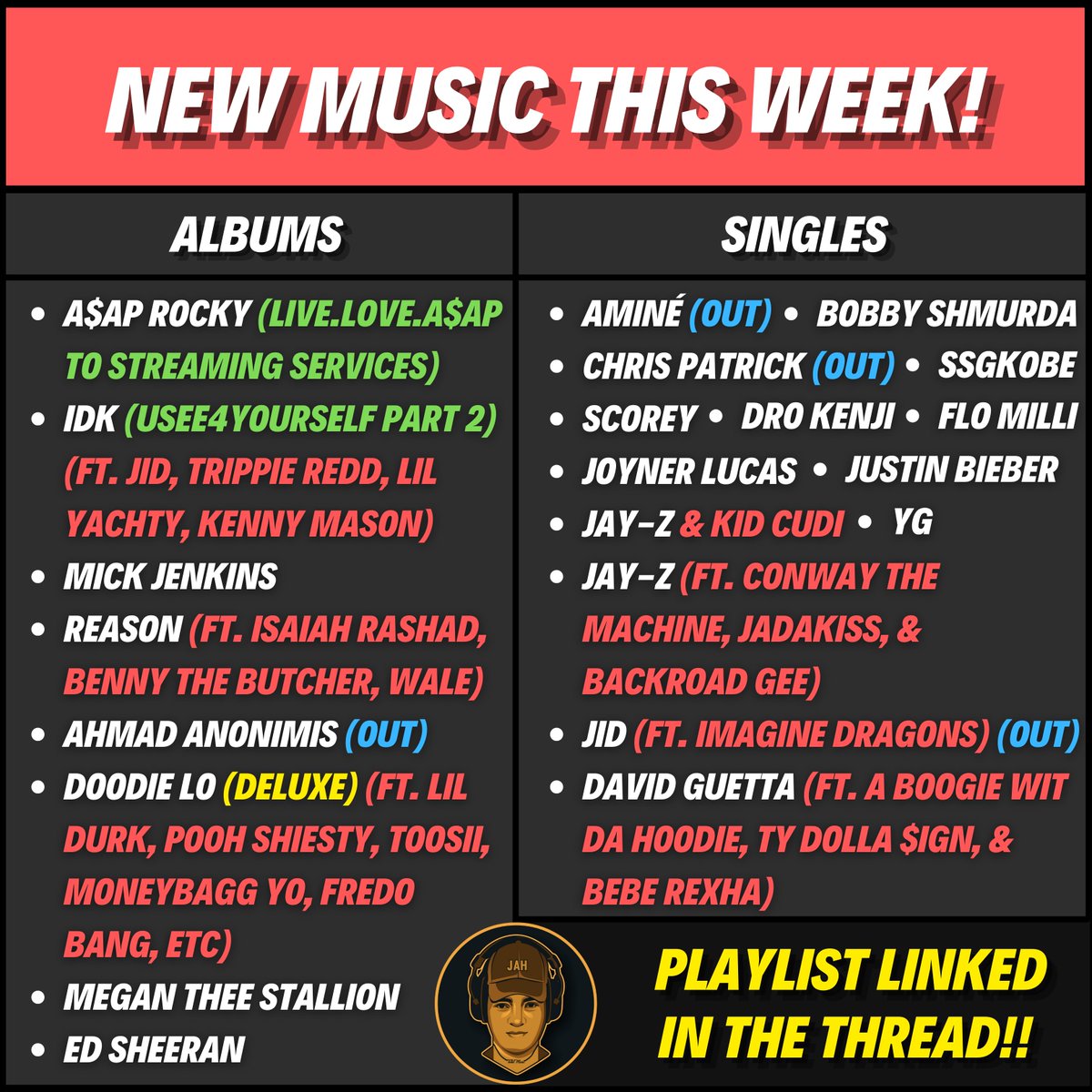 JahTalksMusic's tweet photo. ALL THE NEW MUSIC DROPPING TONIGHT 🚨

What're you listening to first?? https://t.co/9YKKfnvxm0