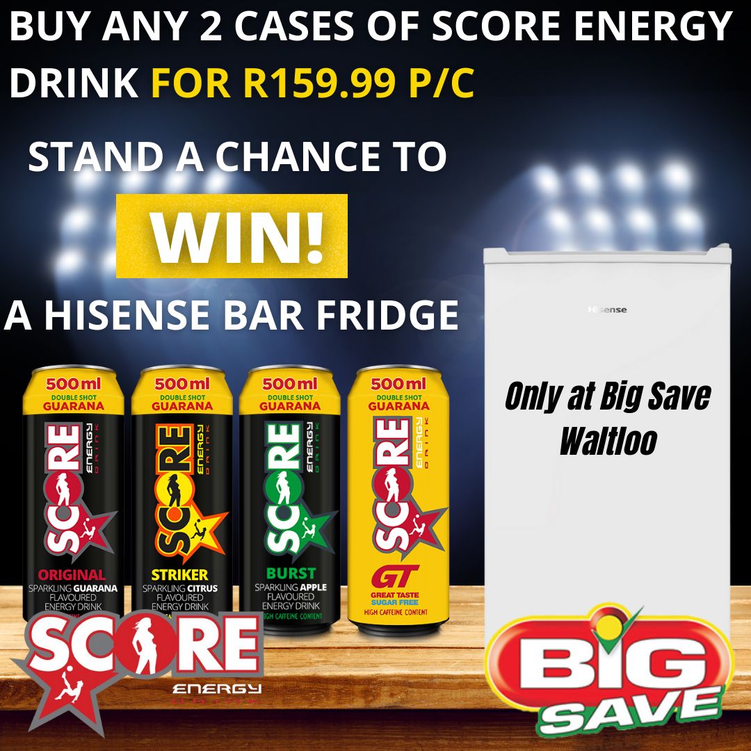 Stand a chance to win a Hisense Bar fridge at Big Save Waltloo.

Purchase any 2 cases of Score Energy drink for R159.99 per case and you could be a winner

#scoreenergydrink #barfridge #competition #hisense #hisensefridge #bigsavegoodlife #waltloo