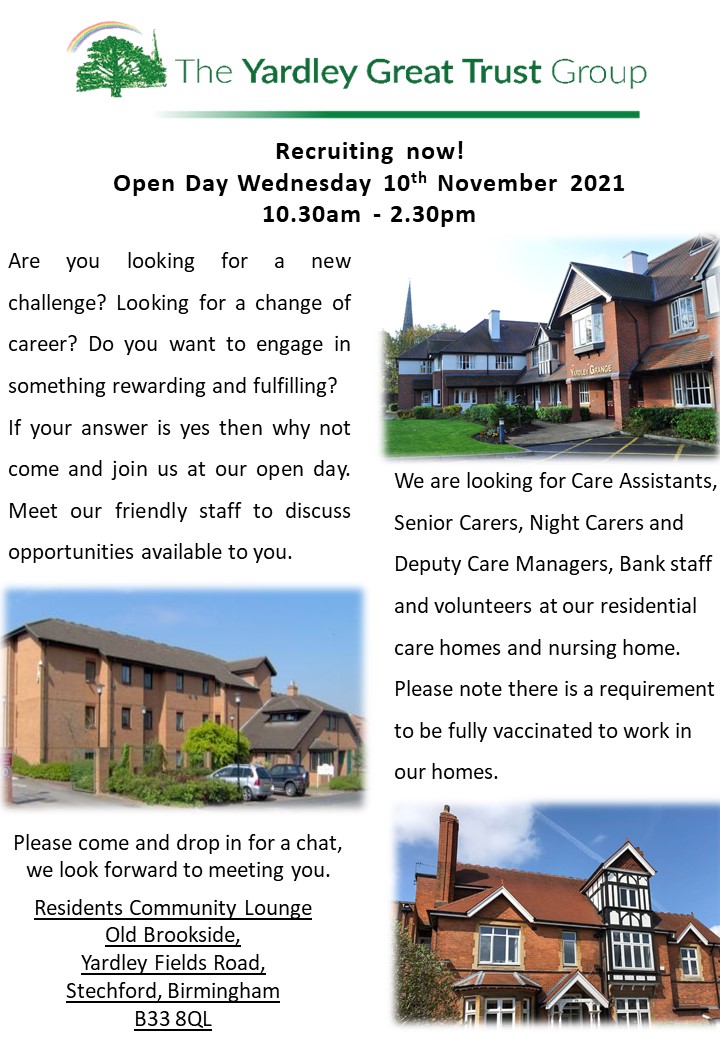 yardleygtrust's tweet photo. Recruitment open day for opportunities in Care, Wednesday 10th November 2021.  Please see attached flyer for info and re-tweet to spread the word. https://t.co/E8qLAPar2L