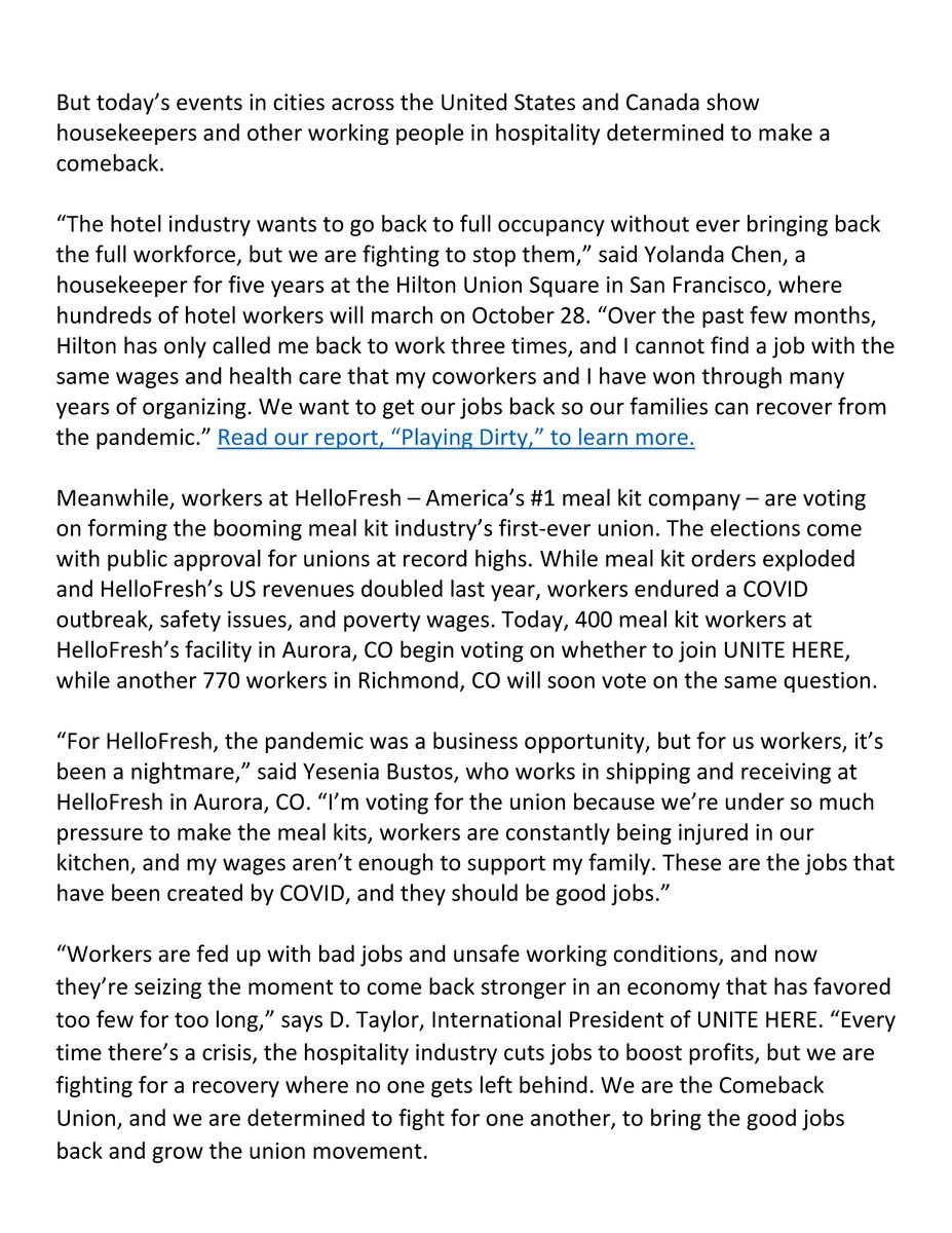 BREAKING: After months of lay-offs &amp; hardships, over 10,000 UNITE HERE Hospitality Union workers are demanding better jobs in a variety of events TODAY —including marches, pickets, rallies, a strike vote, a unionization vote, &amp; internal events such as meetings with mgmt.