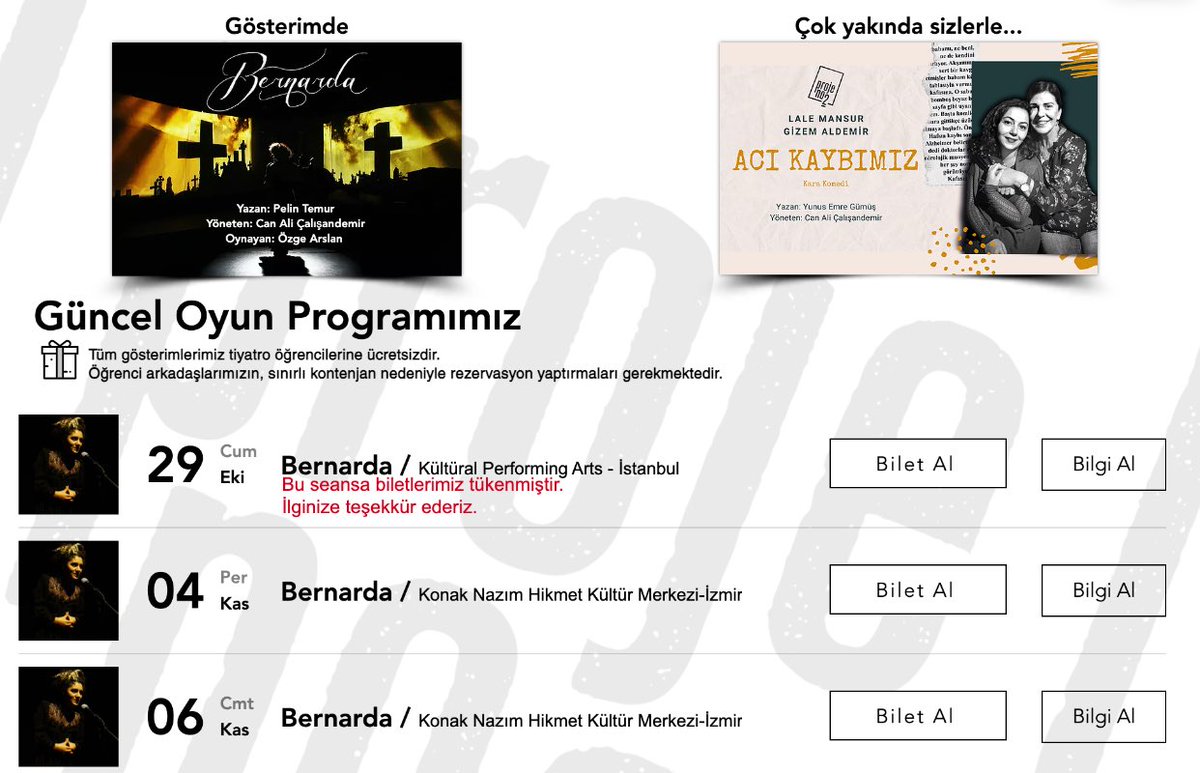 Tüm gösterimlerimiz, tiyatro öğrencilerine ücretsizdir. 
projeno2.com
#ProjeNo2 #Bernarda #AcıKaybımız
#tiyatro #ücretsiz #öğrenci 
<a href="/cancalisandemir/">can ali çalışandemir</a> <a href="/gzmaldmr/">Gizem Aldemir</a>