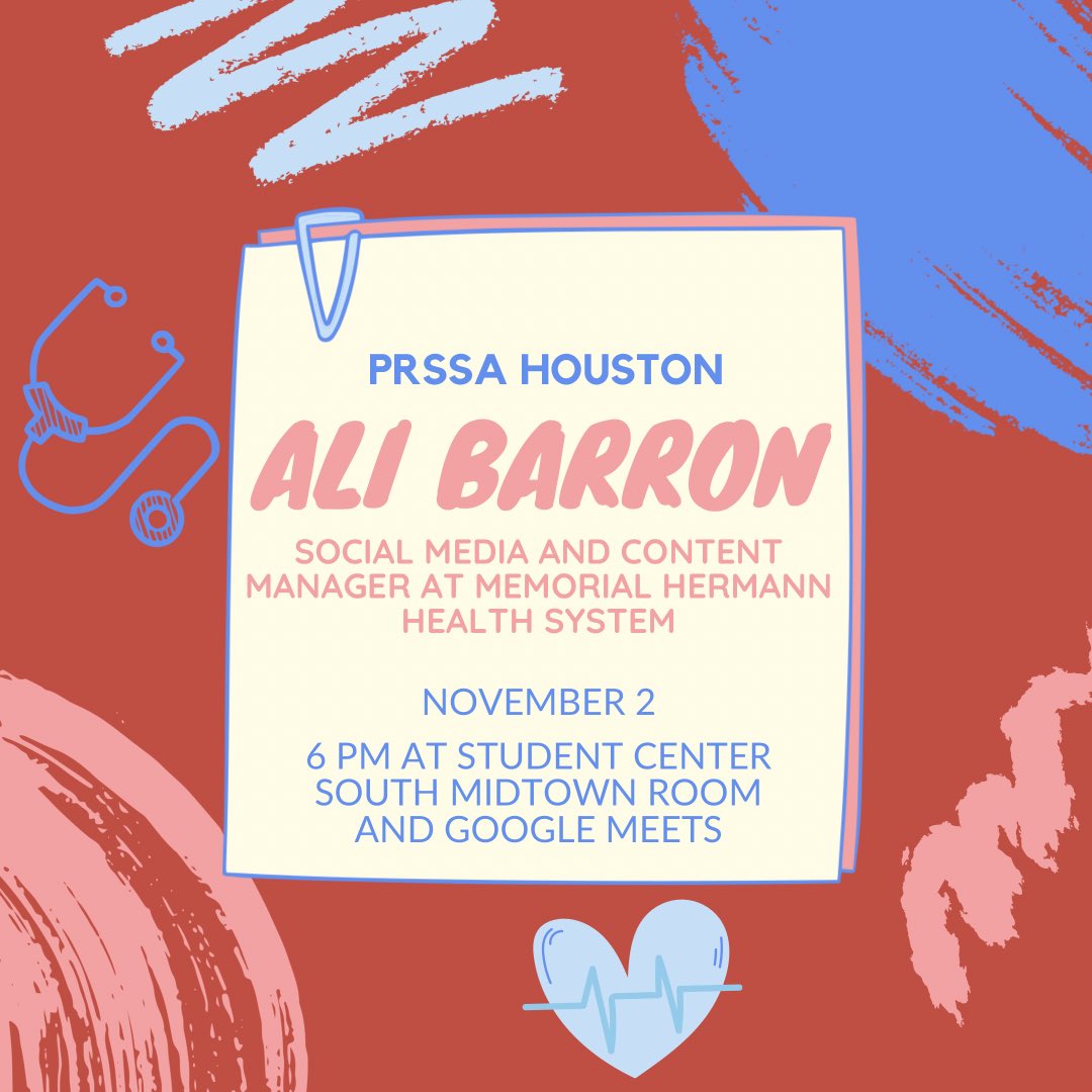 PRSSAHouston's tweet photo. We can't wait to hear from our last guest speaker, Ali Barron, the social media and content manager at Memorial Hermann Health System. For anyone interested in working in the healthcare industry, this is the meeting to be! 🏥✨

Who's going to be there?👀 https://t.co/G0r2GCu8qO