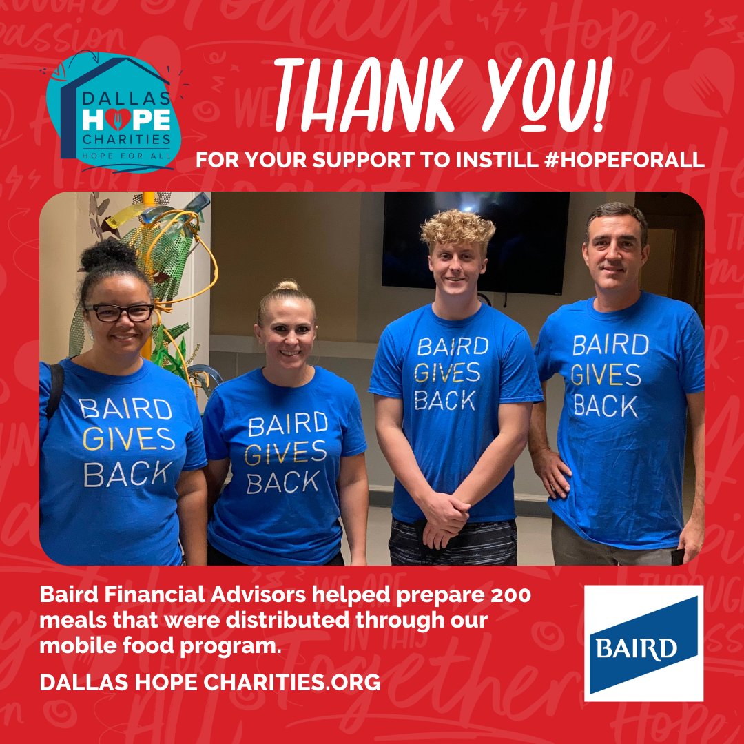 CharitiesDallas's tweet photo. #ThankyouThursday goes to @rwbaird for helping our mobile meals program prepare 200 meals. Your support helps instill #HopeForAll.

Got a group that is looking to serve #Dallas? Get registered at https://t.co/OAuRDehU5n!

#FeedDallas #FeedNorthTexas https://t.co/LpJg7OusVa