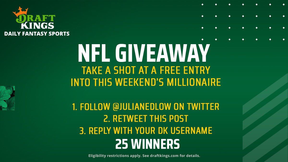 julianedlow's tweet photo. 🚨 GIVEAWAY 🚨

Take your shot at a FREE entry into this week's (10/31) @DraftKings NFL Millionaire!

To Enter:
1. Follow me
2. RT this post
3. Reply with your DraftKings username

Contest ends 12pm ET Friday. T&amp;C: https://t.co/bRmVysDYCM https://t.co/dvVFrWwNJu