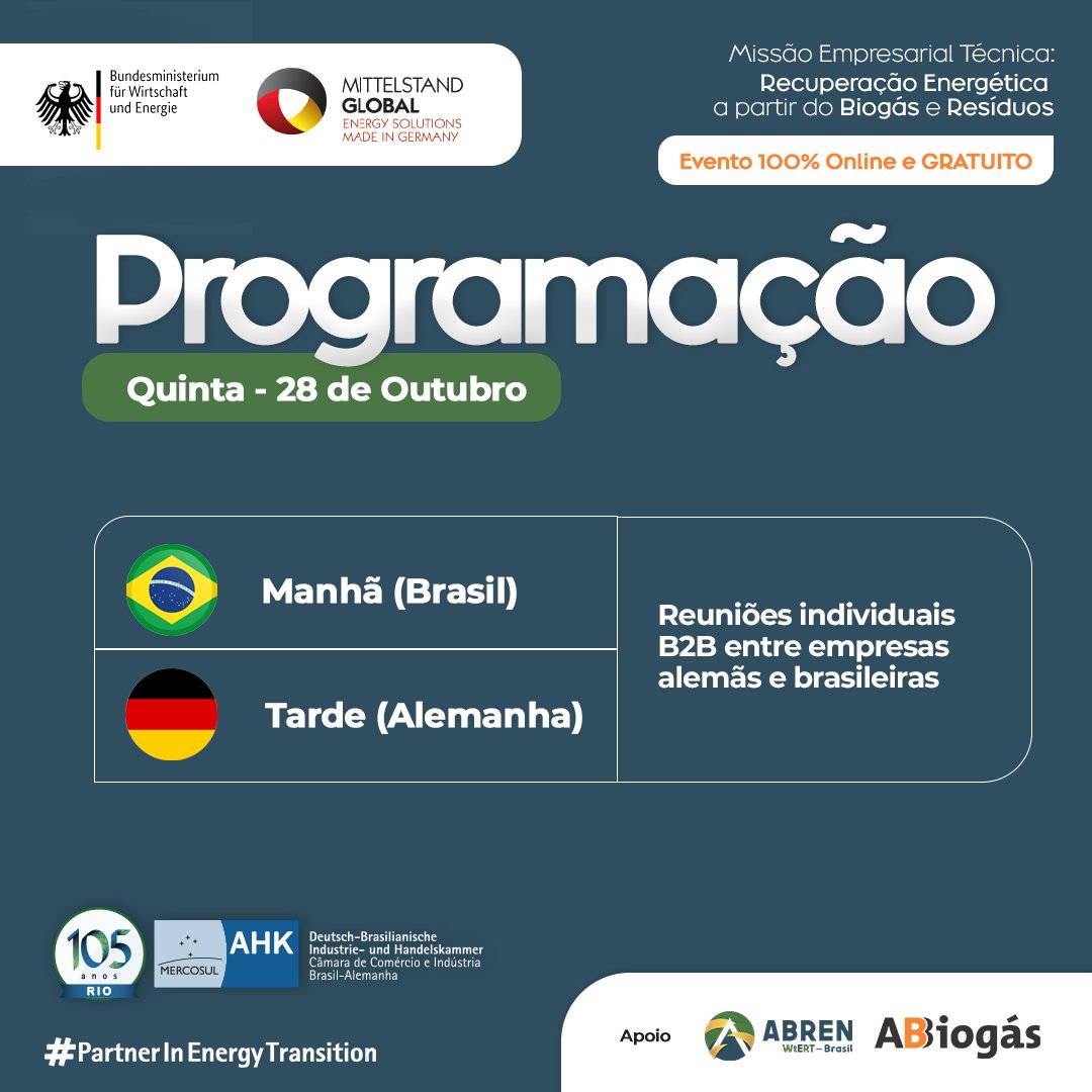 Nesta quinta demos início ao segundo dia de reunião B2B, entre empresas brasileiras e alemãs. 

#biogas #energiasrenováveis #TransiçãoEnergética #abiogas #Abren #AHKRio #AHKBrasil #recuperacaoenergetica