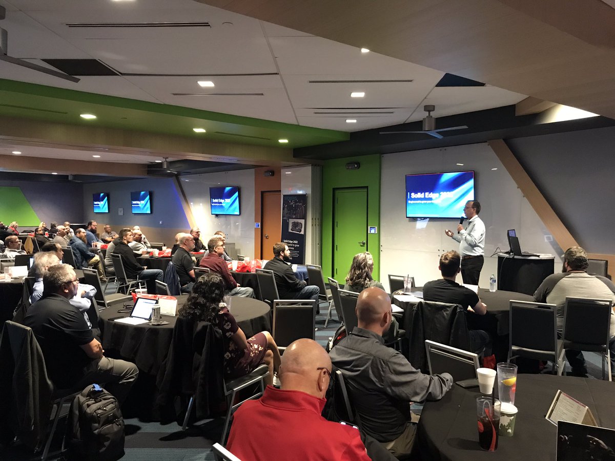 Our first physical event in 20 months! <a href="/danstaples/">Dan Staples</a>  kicks off Solid Edge University in Cincinnati, hosted by <a href="/PROLIMPLM/">PROLIM PLM</a>, with an overview of #SolidEdge 2022. Great to see and meet with so many customers in person.