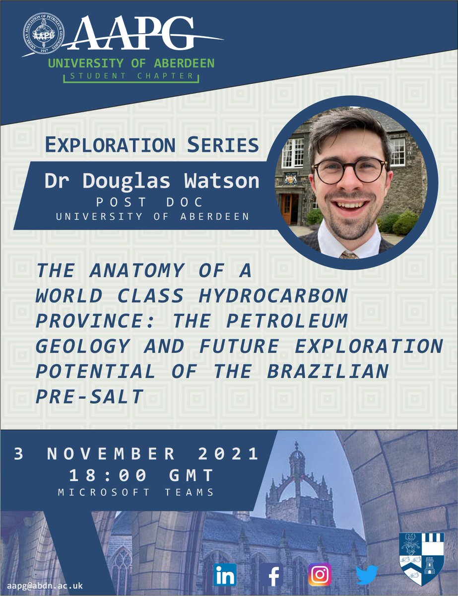 Continuing with our #ExplorationSeries - Dr Douglas Watson from <a href="/abdngeology/">Aberdeen Geology & Geophysics</a> will present his virtual talk on the #petroleum #geology of the Brazilian Pre-Salt.

Register for free! eventbrite.co.uk/e/aberdeen-aap…

#geoscience #hydrocarbon #UoA #aapg #aapgstudentchapter #ExplorationSeries