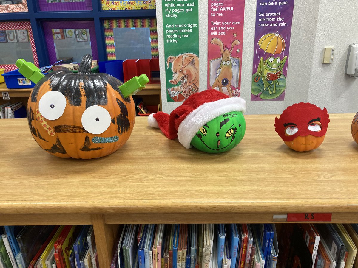 MizDodson's tweet photo. I looooooooove the Book Character Pumpkins that @BluebonnetES students have brought in this month! #lisdlib https://t.co/OwLnTgopMy