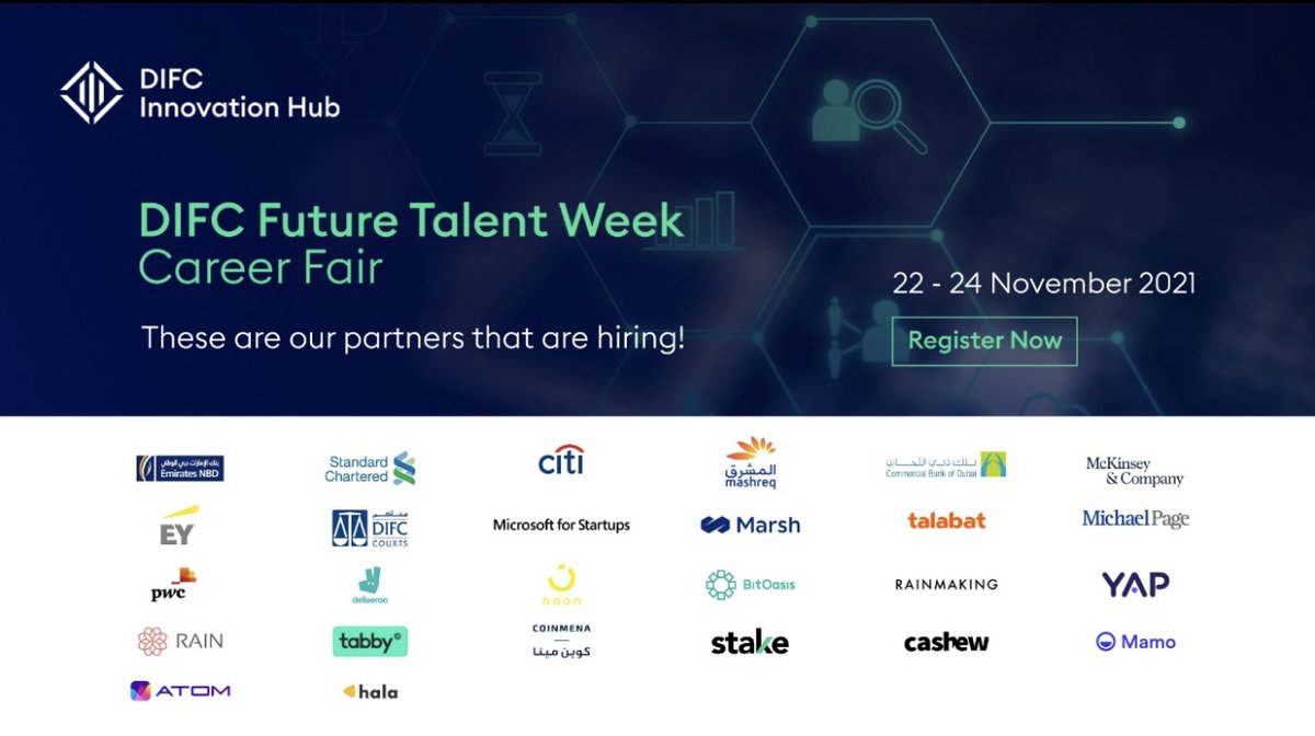 We're excited to launch the #DIFC Future Talent Week Career Fair for the first time from 22nd to 24th November at the DIFC Innovation Hub, alongside our 25 partners tagged below.              
Don’t miss out on this opportunity and register now: bit.ly/3mmV9uh