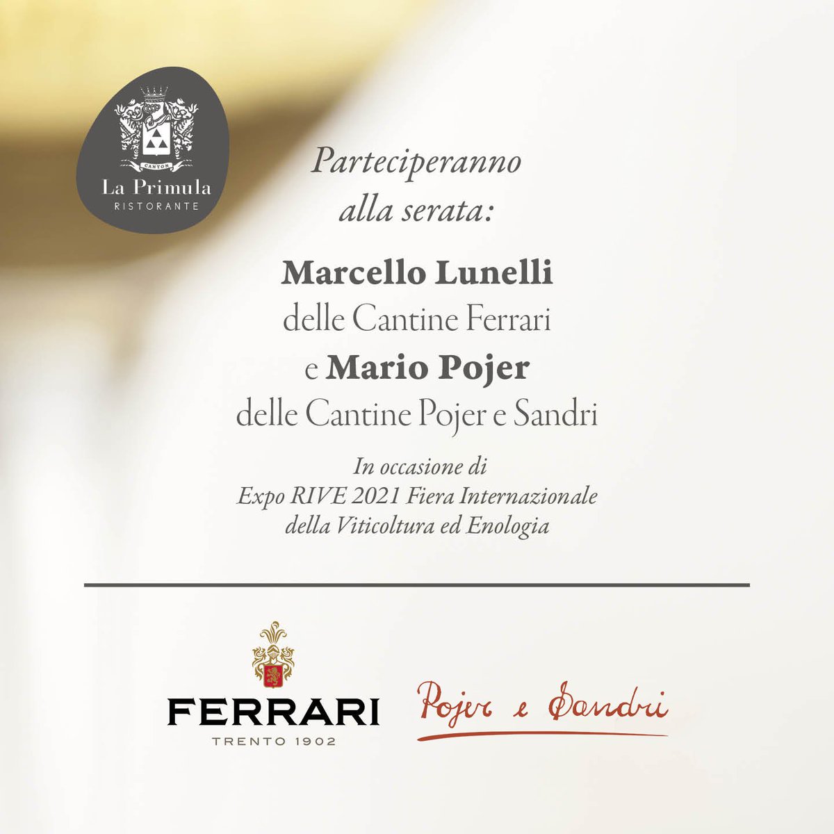 laPrimula1873's tweet photo. CENA CON FERRARI e POJER E SANDRI
Vi aspettiamo giovedì 11 Novembre alla cena con degustazione dei vini più pregiati delle Cantine #Ferrari e #PojereSandri.
👉https://t.co/m8ILn4RIeb

☎️043491005
📧info@ristorantelaprimula.it

#laprimula #sanquirino #michelinstar #fvgrestaurant https://t.co/JB3TgZNi5g