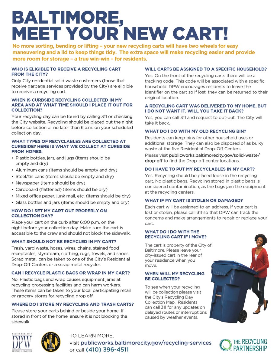 WHAT SHOULD NOT BE RECYCLED IN MY ♻️CART?
Trash, yard waste, hoses, wires, chains, stained food
receptacles, styrofoam, clothing, rugs, towels, shoes. NO PLASTIC BAGS! For answers to more♻️ Cart questions, review DPW's ♻ Cart FAQs: publicworks.baltimorecity.gov/sites/default/…