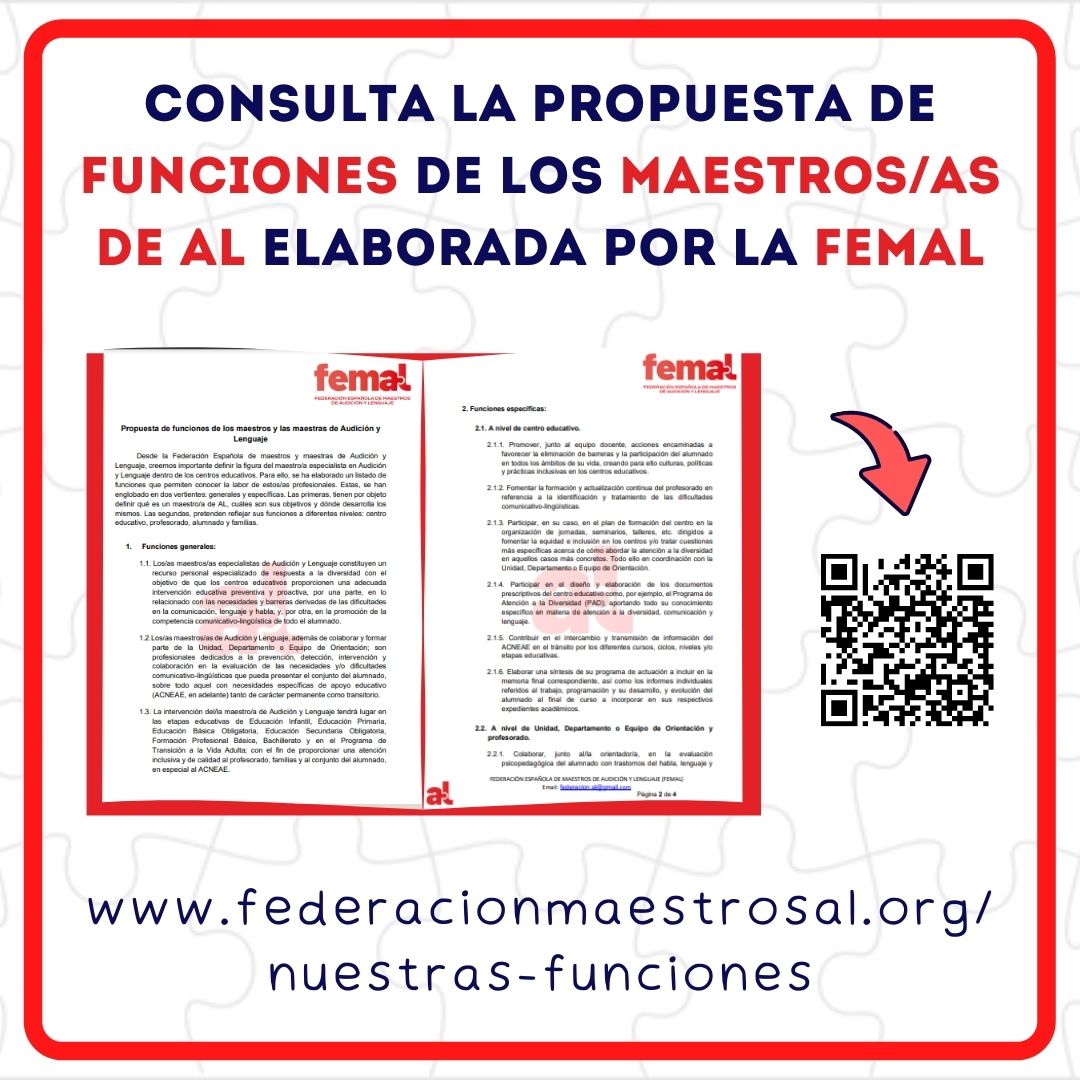 📌¿Quieres saber cuáles son nuestras funciones?
Desde #FEMAL siempre apostamos por establecer unas #funciones generales y unas específicas en base a 4niveles:centro,profesorado, alumnado y familias,ya que entendemos que nuestra intervención va más allá de la intervención directa.