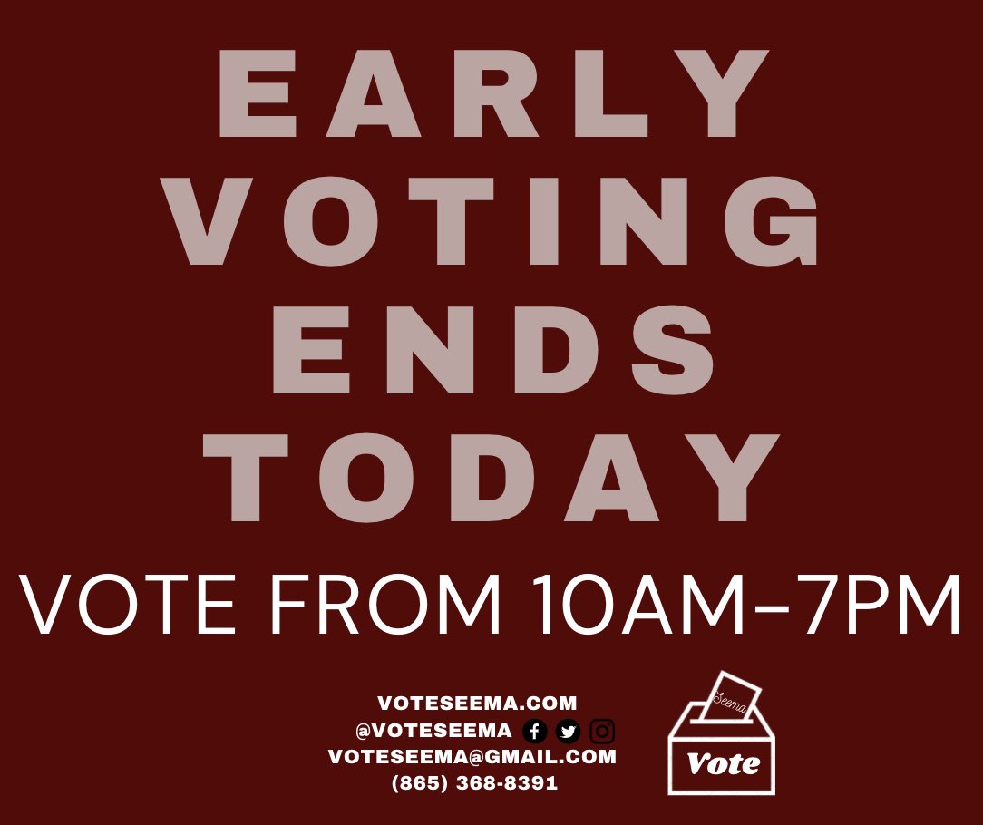 Today is your LAST chance to get out and vote early! Get to the polls before 7 tonight and vote!

Check out KnoxVotes.org for locations.