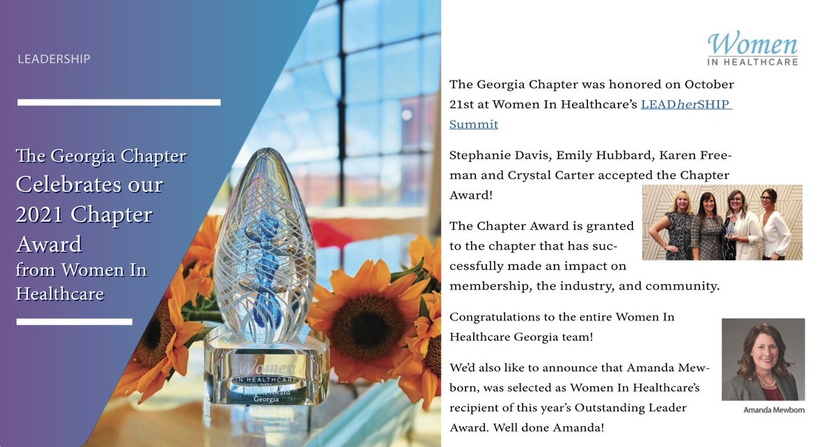 WomenInHealthGA's tweet photo. Big news for our Chapter! Congratulation to the many people who volunteer to make our Chapter successful...and to Amanda Mewborn for being recognized as @WIH_National's Outstanding Leader! #leadership #WIH https://t.co/ZnNR33meIo