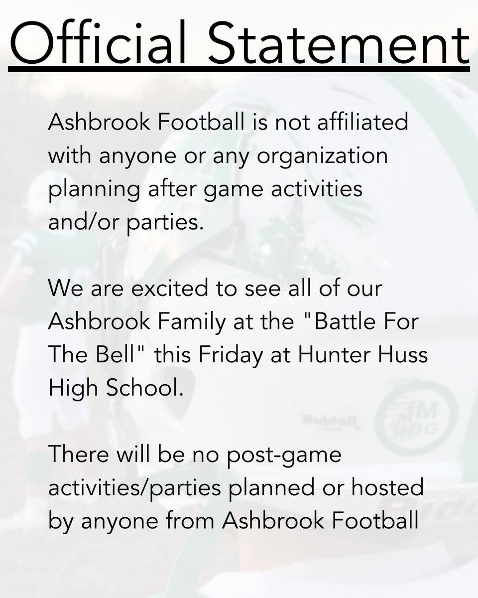 Please Note: The only thing we plan to do Friday night is to defend The Bell! There are NO activities or parties scheduled or endorsed by Ashbrook Football.