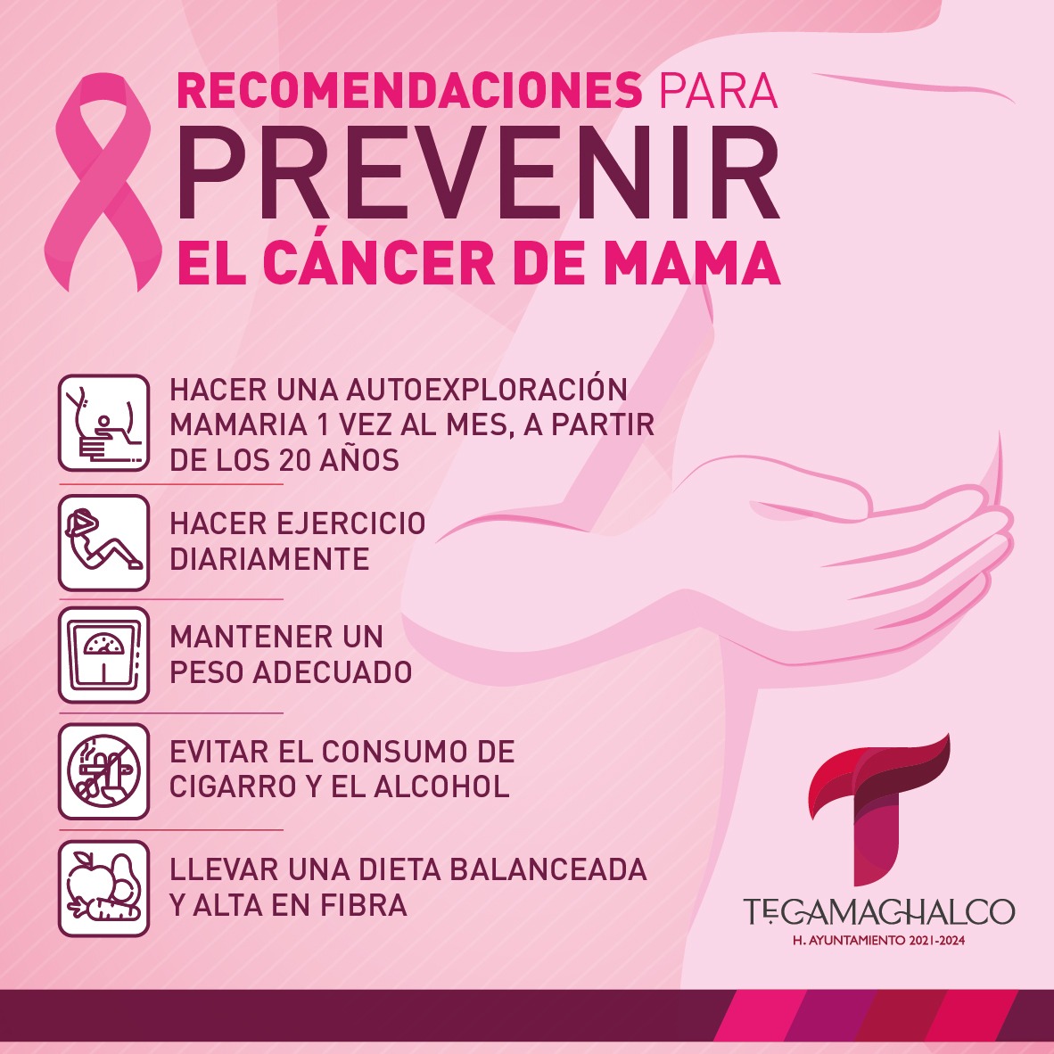HTecamachalco's tweet photo. Para terminar octubre, mes de Sensibilización del Cáncer de Mama, te dejamos cinco recomendaciones para prevenirlo, tu salud es importante. ¡Prevenir es vivir!

#ElGobiernoQueNecesitamos
#OctubreRosa https://t.co/UCFtbU7mnS
