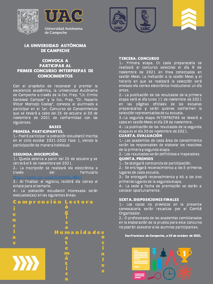 nvmguacam's tweet photo. PRIMER CONCURSO INTERPREPAS DE CONOCIMIENTOS.
Descarga la Convocatoria aquí: 
https://t.co/sd5i8sEihW
📝REGISTRO a través de: 
https://t.co/UoMBVcCGd9 https://t.co/vgTbWXld3d