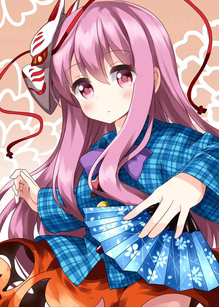 hata no kokoro 1girl plaid shirt long hair pink hair solo mask skirt  illustration images