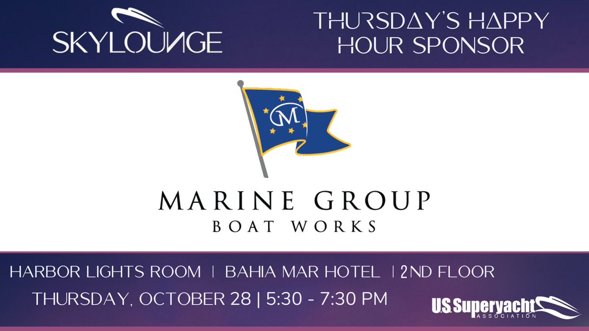 MEMBERS ONLY!!!
Remember to stop by the USSA Sky Lounge at 5:30p.m. for today’s Happy Hour. A huge thank you to Marine Group Boat Works for sponsoring today’s hour. Come by for a drink and a chinwag until 7:30 p.m.