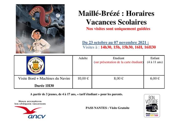 Jusqu'au 7 novembre, nous proposons des visites tous les jours à 14H30, 15H, 15H30, 16H, 16H30

L'idéal est d'arriver environ 15 minutes avant l'heure choisie

La visite dure environ 1H30. Toutes nos visites sont guidées

Le Pass Sanitaire est à présenter à l'entrée (12ans et +)