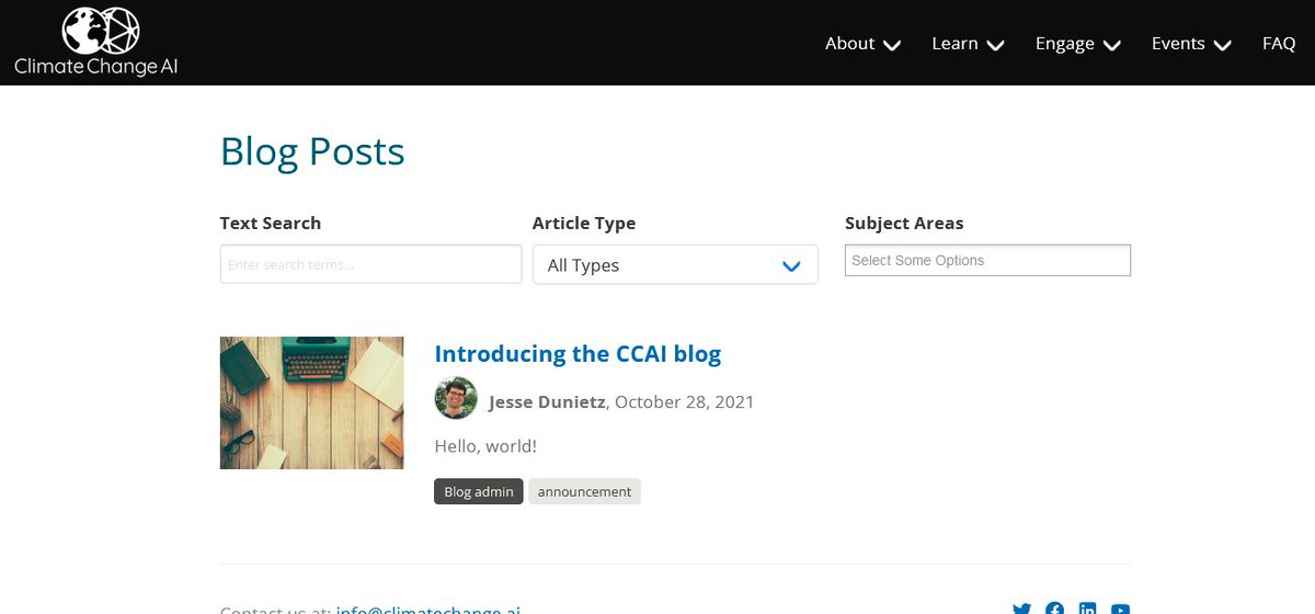 🥁We are excited to announce the <a href="/ClimateChangeAI/">Climate Change AI</a> blog!

On our blog, you'll find research summaries, perspectives, interviews and other exciting readings on various topics at the intersection of #AI &amp; #ClimateChange. 🤓📚

Read on here: climatechange.ai/blog