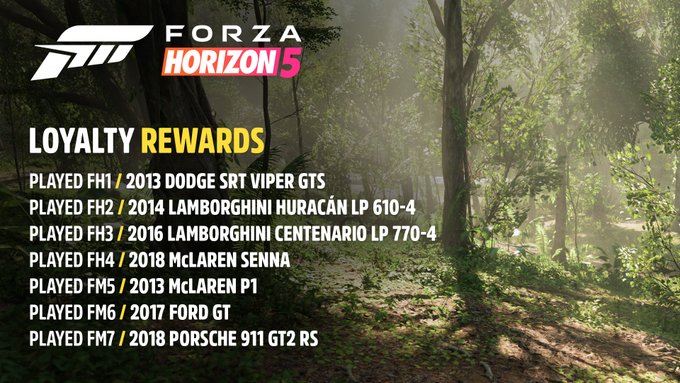 Played FH1 - 2013 Dodge SRT Viper GTS Played FH2 - 2014 Lamborghini Huracán LP 610-4 Played FH3 - 2016 Lamborghini Centenario LP 770-4 Played FH4 - 2018 McLaren Senna Played FM5 - 2013 McLaren P1 Played FM6 - 2017 Ford GT Played FM7 - 2018 Porsche 911 GT2 RS