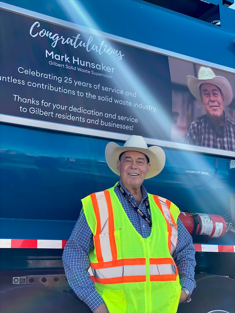 TeamGilbertAZ's tweet photo. Congratulations to Solid Waste Supervisor Mark Hunsaker for celebrating his retirement after 25 years. 🎉

Keep an eye out for his picture on some of #GilbertAZ's trucks to commemorate his many contributions to the solid waste industry. 🚚 https://t.co/IcyhgKD2TN