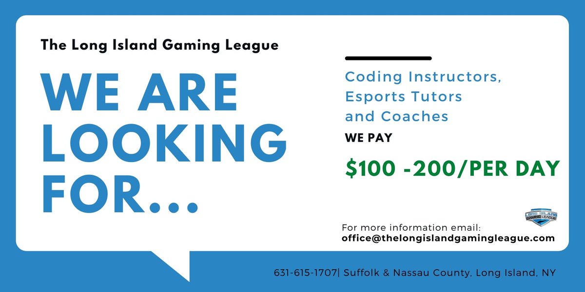 LIGamingLeague's tweet photo. Please #share, #Retweet or #commnet below if you are interested or know someone who maybe interested in this position. #longisland #HIRINGNOW #HiringAlert #Videogame #NewYork #SuffolkCounty #nassaucounty #coding #tutoring https://t.co/fblj7KwU1d