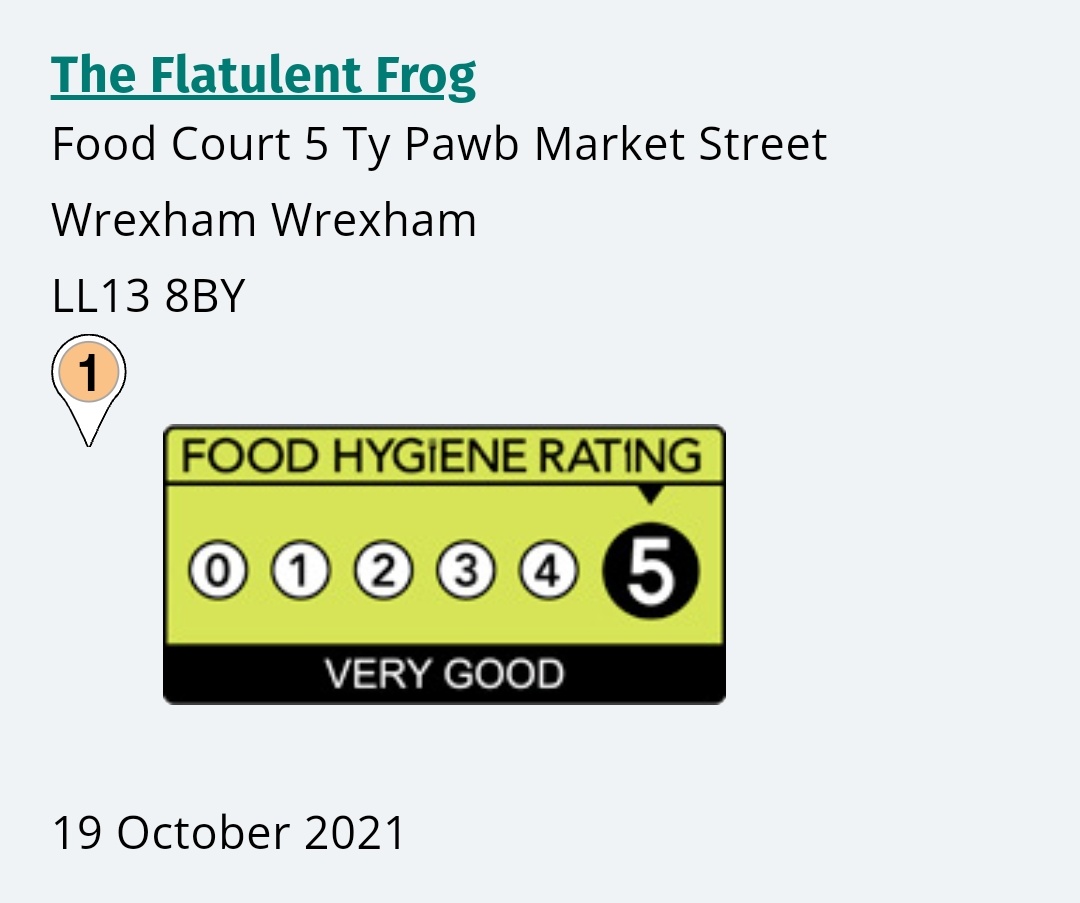 Zoe (@armaita100) on Twitter photo Well done to <a href="/FrogFlatulent/">The Flatulent Frog</a> for getting top marks in their first ever food hygiene rating 👏🐸👏 #Vegan #Wrexham
ratings.food.gov.uk/authority-sear… Well done to <a href="/FrogFlatulent/">The Flatulent Frog</a> for getting top marks in their first ever food hygiene rating 👏🐸👏 #Vegan #Wrexham
ratings.food.gov.uk/authority-sear…