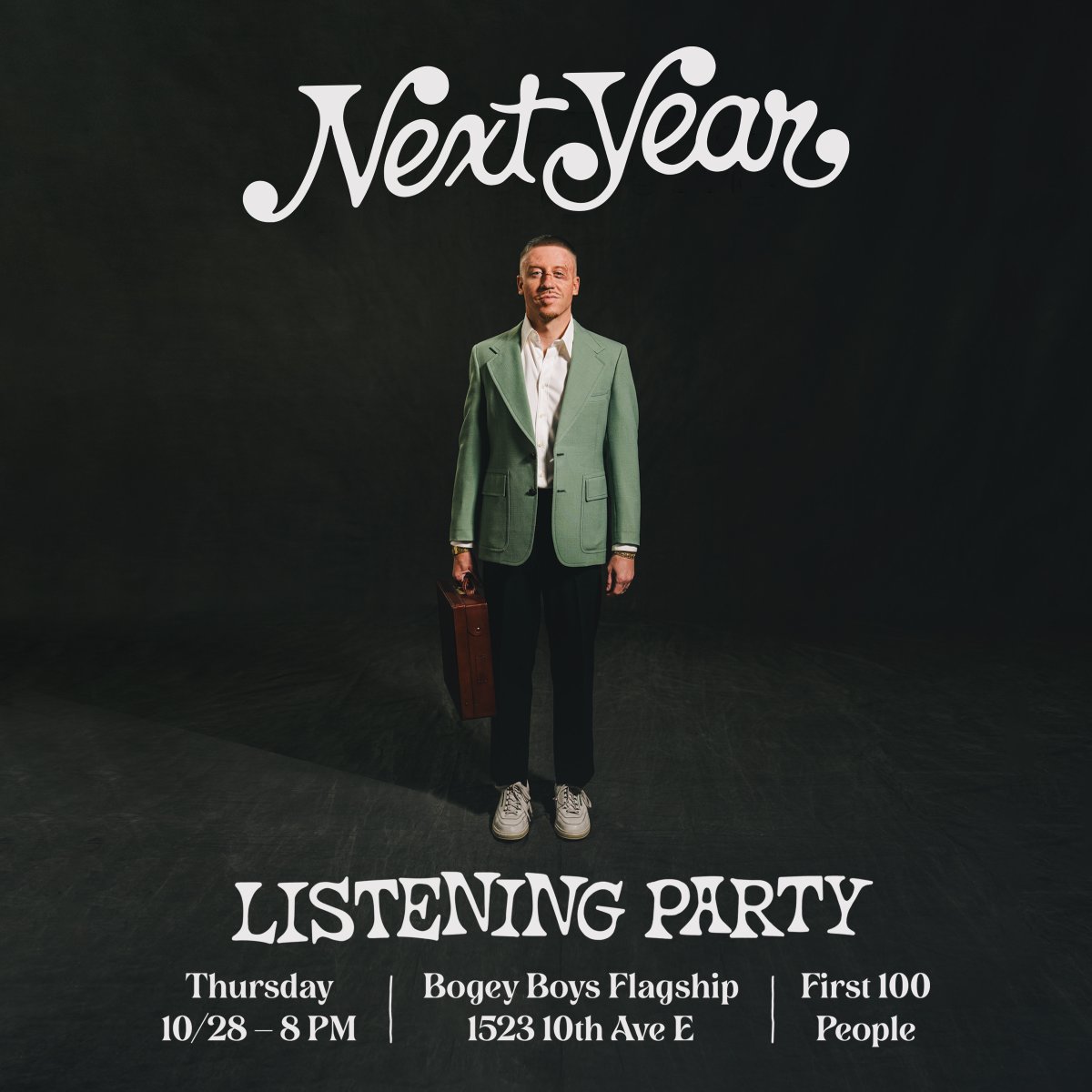 macklemore's tweet photo. SEATTLE! Next Year Listening Party. Tonight. 8PM at the Bogey Boys Flagship for the first 100 people in line. Proof of vaccination and masks required. See you soon! https://t.co/Q2Og6Iy1Ae