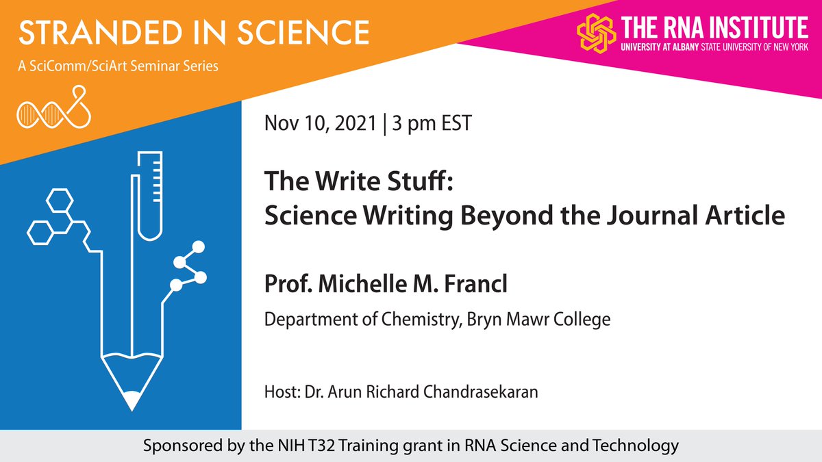 OPEN TO ALL! The next *Stranded in Science* event features guest speaker <a href="/MichelleFrancl/">Michelle Francl</a>, Professor of Chemistry and Science Writing expert <a href="/BrynMawrCollege/">Bryn Mawr College</a>. Tune in on Nov 10th, 3 pm ET.
Joining details here: bit.ly/3ilkTVz 
#scicomm #writerscommunity #AcademicTwitter