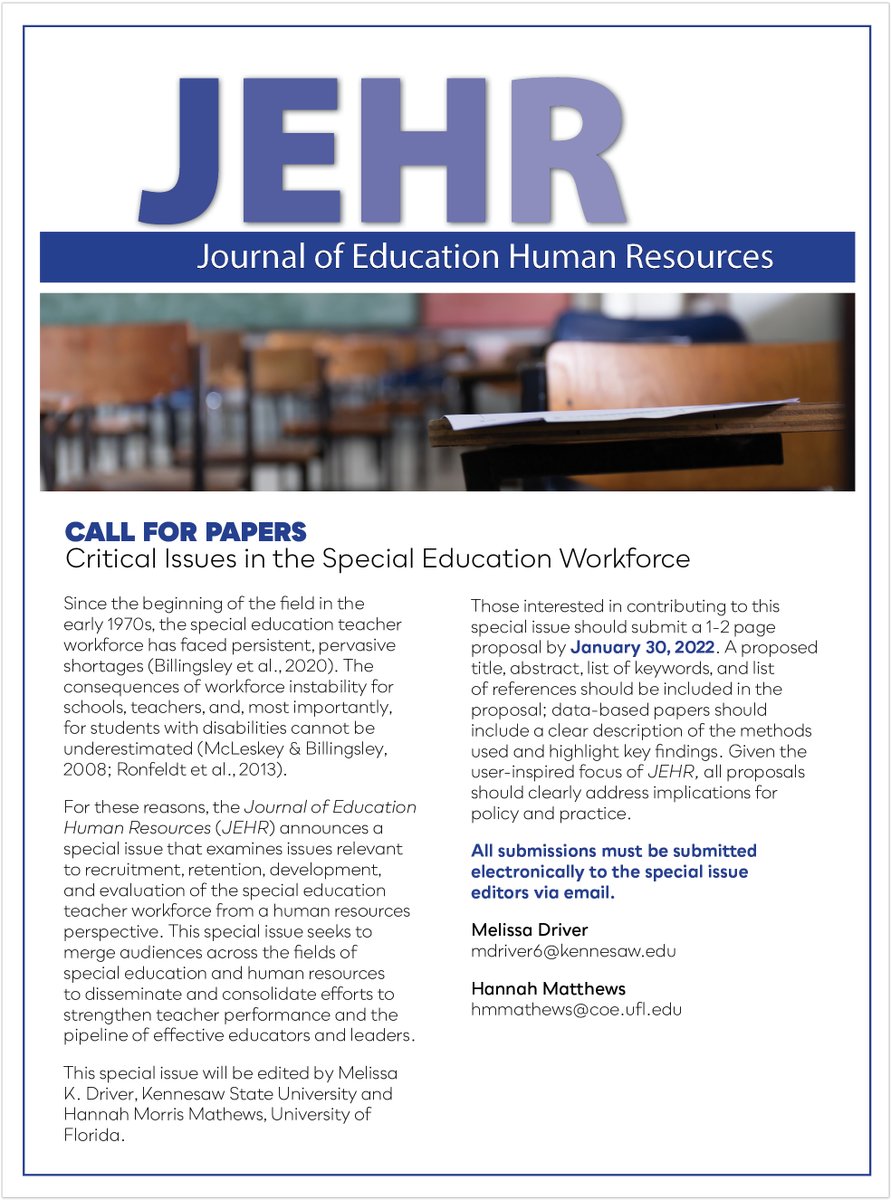 Excited to announce a special issue of the Journal of Education Human Resources examining recruitment, retention, development, and evaluation of the special education teacher workforce from a human resources perspective! Proposals due 1/30/22. utpjournals.press/journals/jehr/…