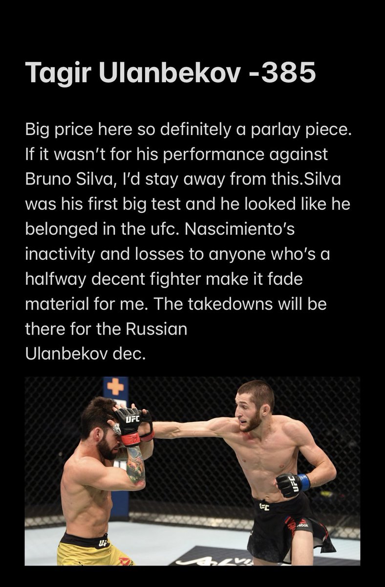 BadMMAbets's tweet photo. 🚨 Official Play 🚨
Yan/ Ulanbekov -127
Risk 1.25u to win .98u
#UFC267 #mmabets #bettingonfights #mma #ufc #gamblingtwitter #ufc #gambling #ufcfightnight #sportsbetting #freemmabets #mmatwitter #bettips
#bettingtips https://t.co/37bgNRELa7