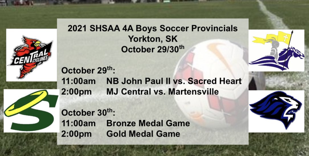 ⚽️ SHSAA PROVINCIAL SOCCER ⚽️ 

🗺 3A Girls @ Duck Lake (Stobart)
🗺 3A Boys @ Lake Lenore
🗺 4A Girls @ Martensville
🗺 4A Boys @ Yorkton

Results can be found at shsaa.ca