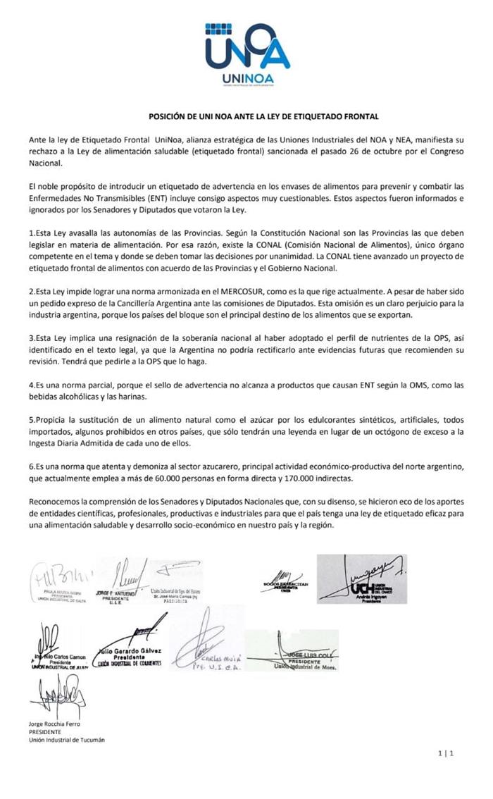 Comunicado de UNINOA ante la Ley de Etiquetado Frontal.
La Institución que congrega a todas las Uniones Industriales del Norte Argentino manifestó su rechazo a la ley sancionado por el Congreso el pasado 26 de Octubre.