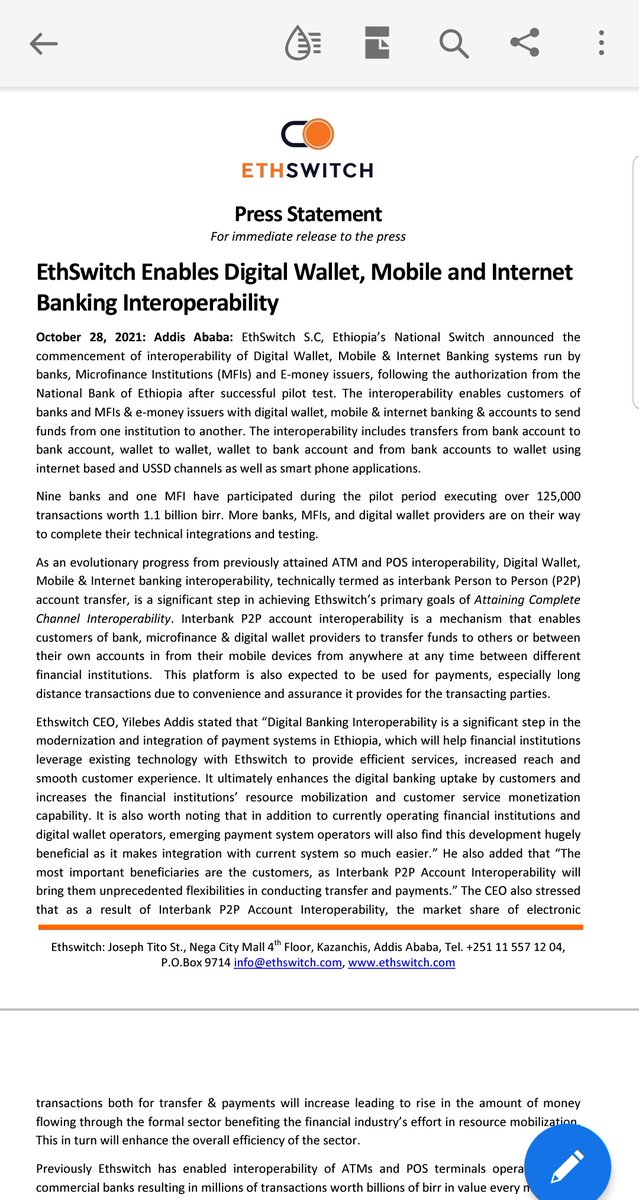 Eth Switch announces launch of Account to Account interoperability between all financial service providers following successful pilot &amp; authorization by central bank.

Sending money across different banks will now be possible via digital banking channels

#Ethiopia #FintechET