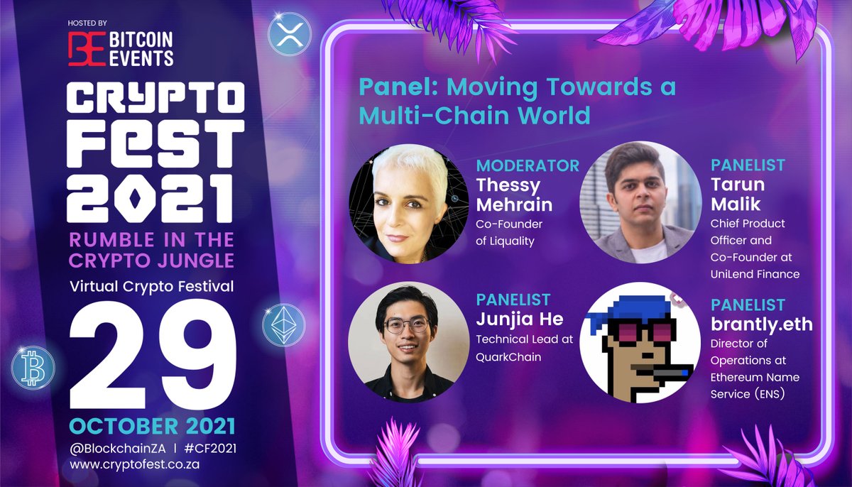 📢 Don't miss the #Crypto Fest 2021 #CF2021 Panel, 'Moving Towards a #MultiChain World', with 
<a href="/ThessyMehrain/">Thessy Mehrain👉🏼🌐🌈💕</a> (<a href="/Liquality_io/">Liquality</a>), <a href="/TarunMalikk/">Tarun Malik | 🛠 Unilend</a> (<a href="/UniLend_Finance/">UniLend Finance</a>),  Junjia He (<a href="/Quark_Chain/">QuarkChain</a>) &amp; <a href="/BrantlyMillegan/">brantly.eth</a> (<a href="/ensdomains/">ens.eth</a>).

🎟️ Register 4 FREE: cryptofest.floor.bz