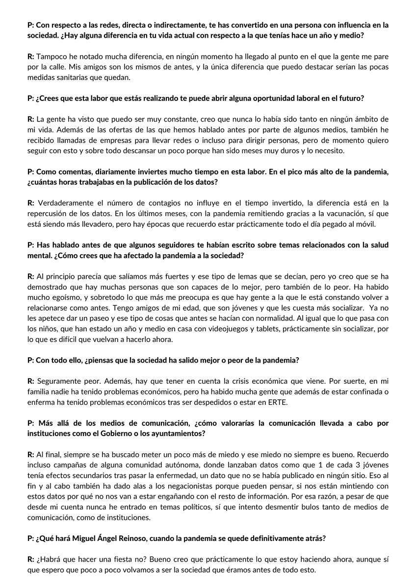 ‼️ El lunes tuve la oportunidad de entrevistar a <a href="/mianrey/">Miguel Ángel Reinoso</a>. Ha sido un placer poder hablar y tomarme un café con una de las personas que más he seguido durante todos estos meses de pandemia. Os dejo la entrevista para que conozcáis un poco más al "chico de los datos" 📱 (1/2)