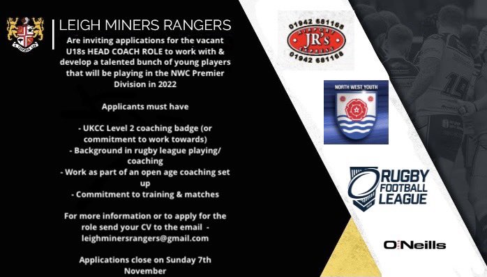 Following the departure of U18s coach <a href="/woodtom1/">Thomas Wood</a> to <a href="/Swinton_Lions/">Swinton Lions RLFC</a> earlier this week, the club are on the look out for a new head coach for 2022 season &amp; beyond, for more info or to apply email leighminersrangers@gmail.com applications close on Sunday 7th November #123Miners