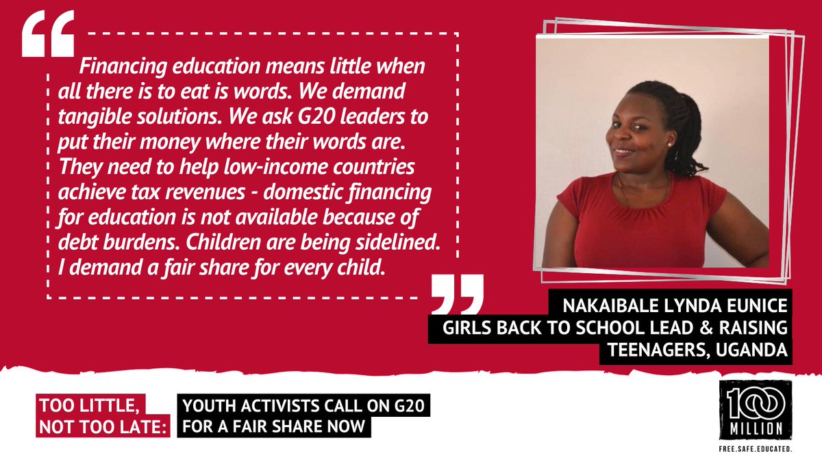 100MilCampaign's tweet photo. Youth activist @lynda_eunice is fighting to get girls back to school in #Uganda - but there are underlying problems which only governments can address, including fixing the rigged global tax rules &amp; giving low-income countries their fair share! #FairShare4Children https://t.co/KhN9XOr8lT