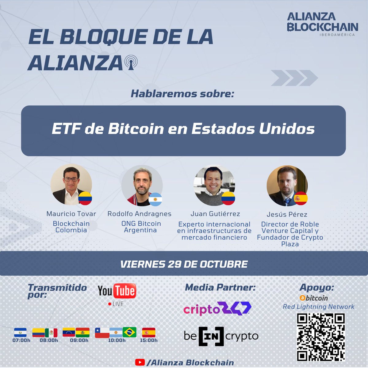 Alianza Blockchain (@alianzablock) on Twitter photo 📢Te invitamos a un nuevo programa del🎙Bloque de la Alianza Blockchain
👉 sobre:📊ETF de #Bitcoin en Estados Unidos
🗓Viernes 29
Excelente Programa!!!🚀
con la participación de🗣:
🇪🇸<a href="/especulacion/">Jesús Crypto Plaza 🦇🔊 (🌿,👻) valuecrypto.eth</a>
🇨🇴<a href="/nomemenomoney/">Juan Gutiérrez</a>
🇦🇷<a href="/RodolfoBits/">Rodolfo Andragnes</a>
🇨🇴<a href="/maurotov/">Mauricio Tovar 🌴🍹</a>
🔴En: youtu.be/bJh9cdKZIL0 📢Te invitamos a un nuevo programa del🎙Bloque de la Alianza Blockchain
👉 sobre:📊ETF de #Bitcoin en Estados Unidos
🗓Viernes 29
Excelente Programa!!!🚀
con la participación de🗣:
🇪🇸<a href="/especulacion/">Jesús Crypto Plaza 🦇🔊 (🌿,👻) valuecrypto.eth</a>
🇨🇴<a href="/nomemenomoney/">Juan Gutiérrez</a>
🇦🇷<a href="/RodolfoBits/">Rodolfo Andragnes</a>
🇨🇴<a href="/maurotov/">Mauricio Tovar 🌴🍹</a>
🔴En: youtu.be/bJh9cdKZIL0