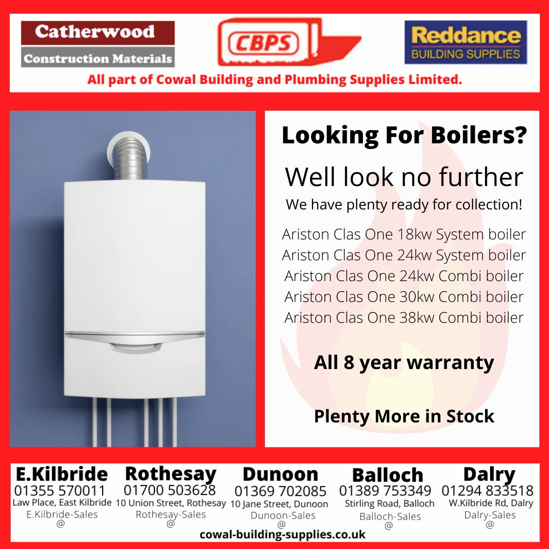 Looking for boilers we have plenty in stock, With the long dark nights ahead of us better get a boiler you can rely on

These boilers are in stock and ready to go so don’t hesitate to find out more click below cowalbuilding.co.uk/contact/

#ariston